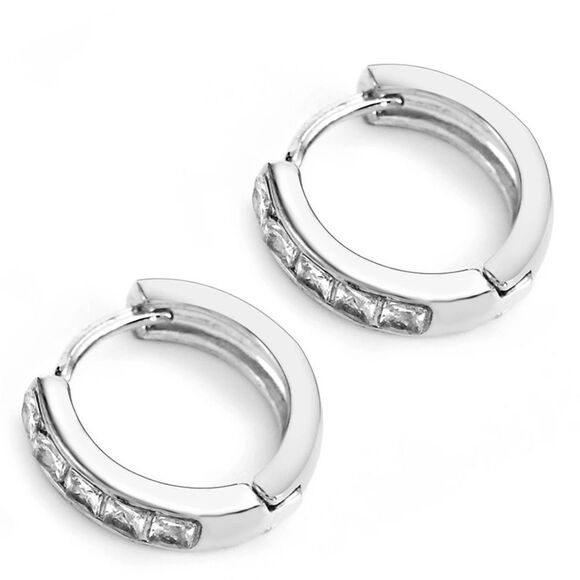 Silver Channel Set Princess Cut Crystals Small Hoop Earrings NEW - Picture 3 of 4